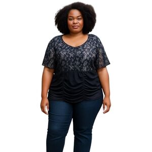 MXM Womens Plus Size 4X Blouse Black White Lace Print Puff Sleeve Ruched Front